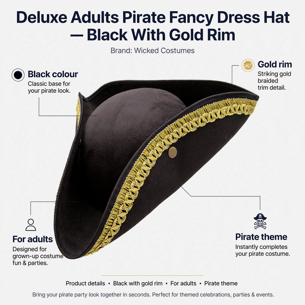 Features of Deluxe Adults Pirate Fancy Dress Hat including black colour, gold rim, pirate theme, for adults