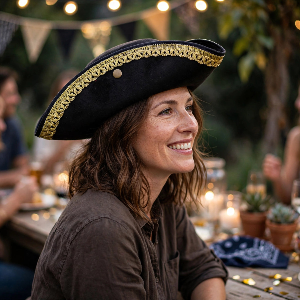Deluxe Adults Pirate Fancy Dress Hat worn as part of a pirate costume for themed celebrations or parties