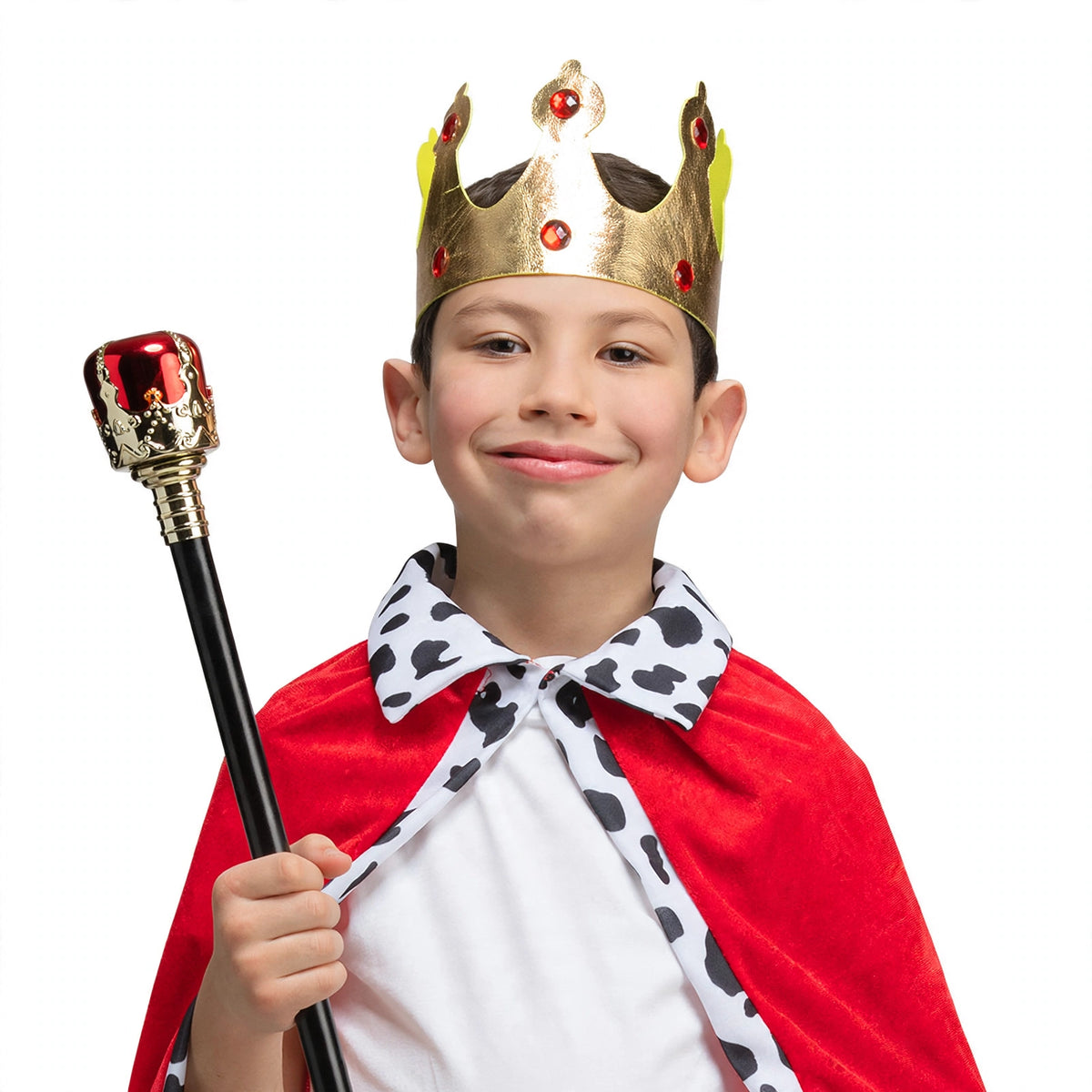 Close-up view of red velvet king's robe and matching crown for children