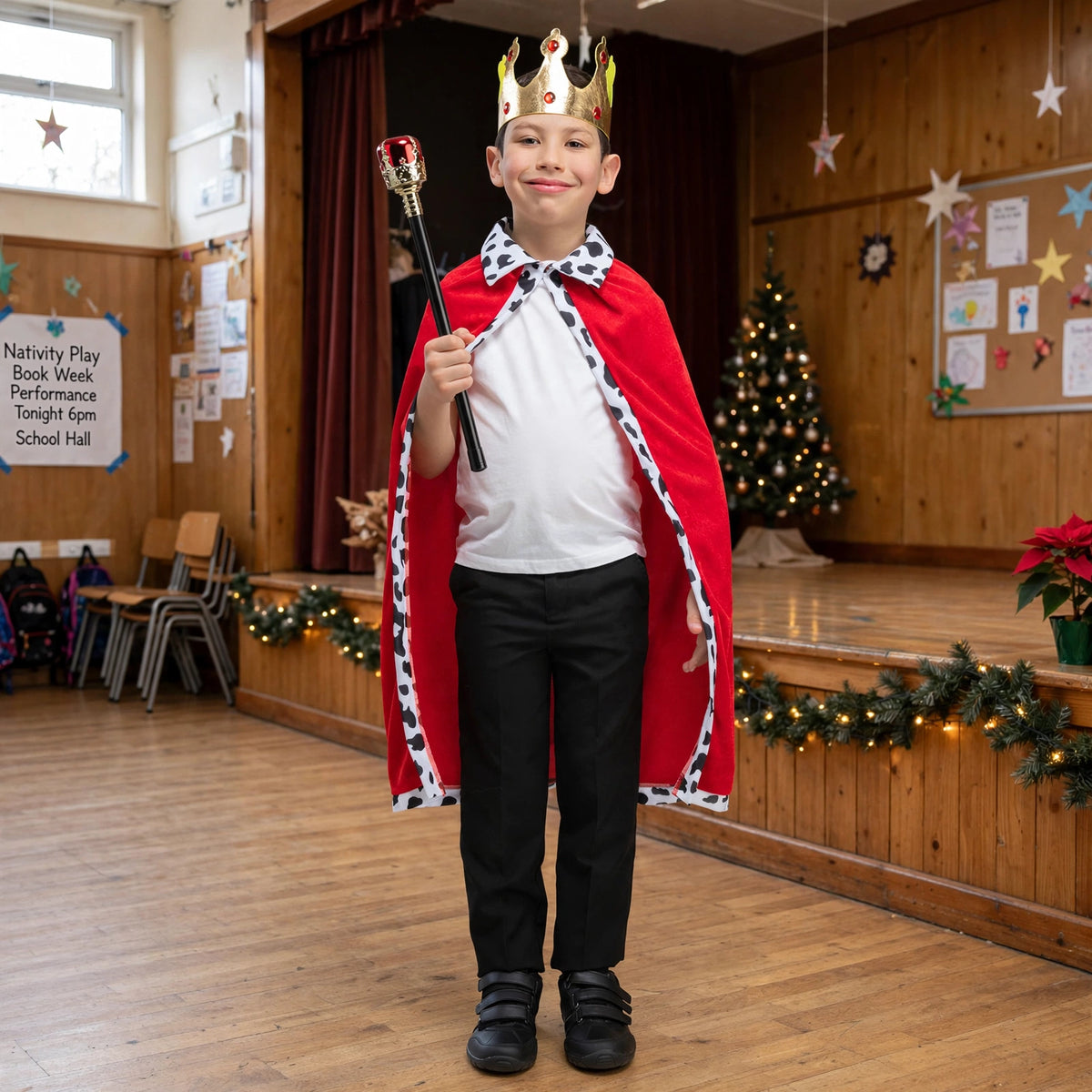 Child wearing red velvet king's robe and crown suitable for ages 5-9 years