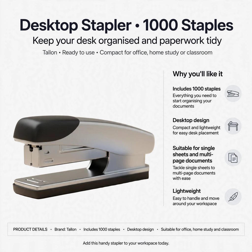 Infographic showing desktop stapler features including 1000 staples, compact design, and suitability for single and multi-page documents