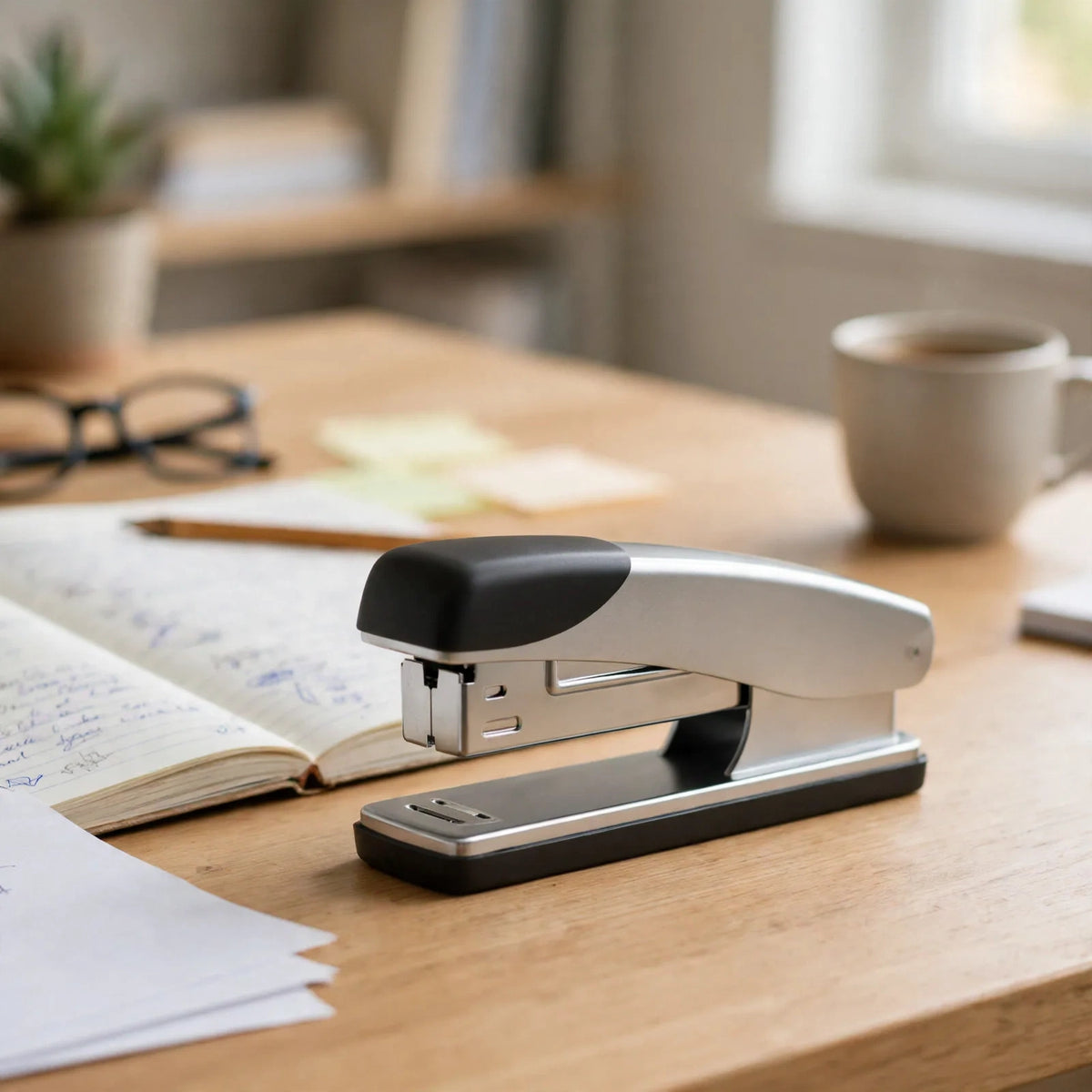 Tallon desktop stapler placed on a desk in an office or home study setting