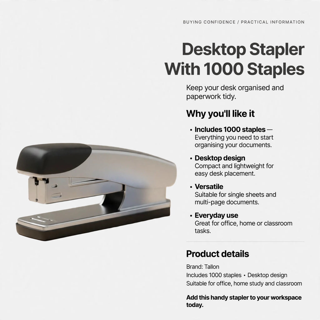 Stapler includes 1000 staples and is suitable for office, home study, or classroom use
