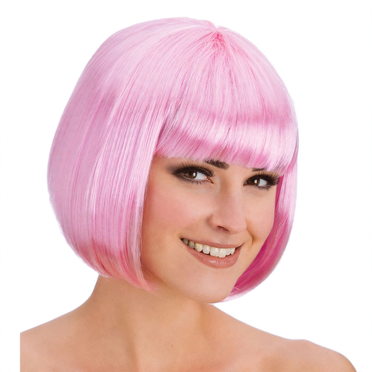 Close-up view of Diva Baby Pink Bob Wig showing baby pink synthetic fibres and elasticated base