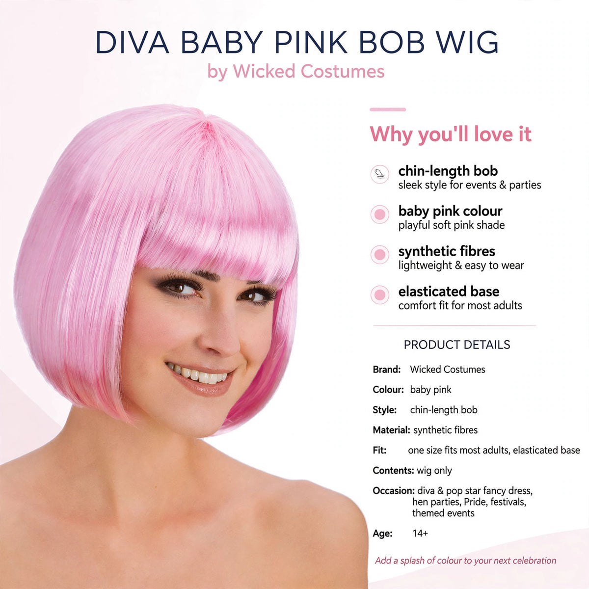 Features of Diva Baby Pink Bob Wig including chin-length bob, baby pink colour, synthetic fibres, and elasticated base