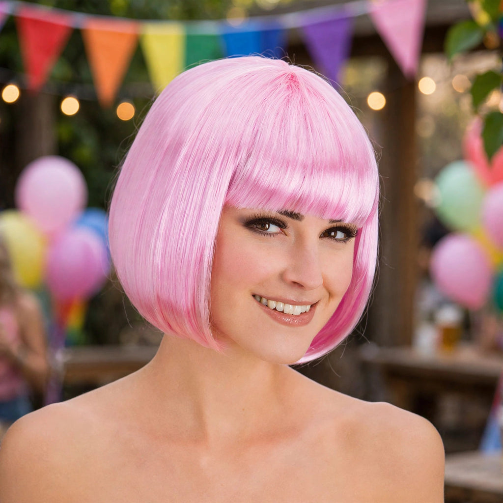 Diva Baby Pink Bob Wig worn for diva fancy dress, hen parties, Pride, festivals, and themed events