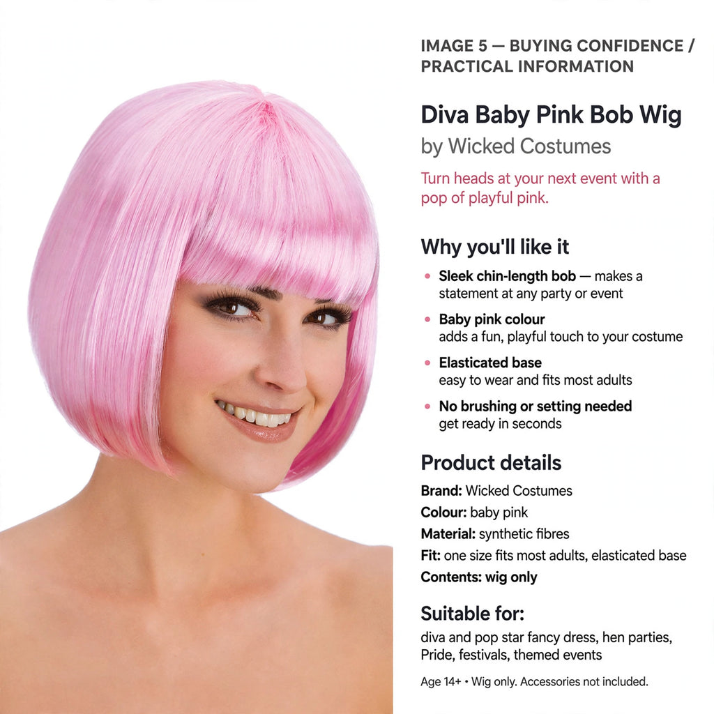 Diva Baby Pink Bob Wig designed to fit most adults with elasticated base and no brushing needed