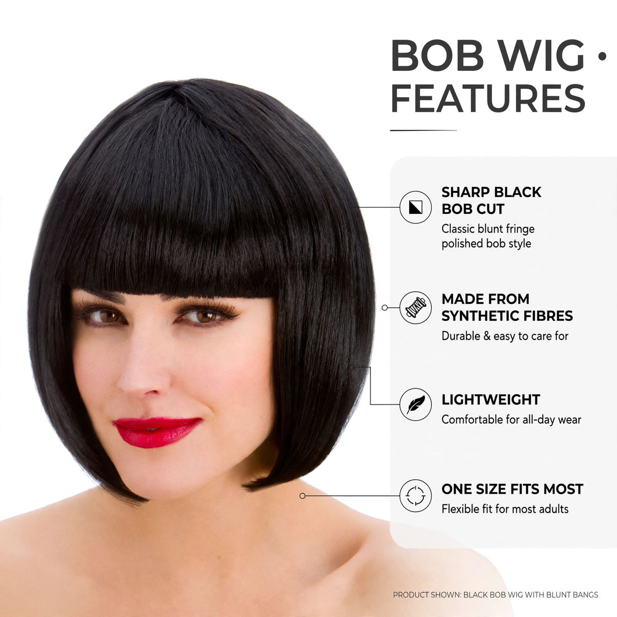 Wig features include sharp bob cut, synthetic fibres, and lightweight design