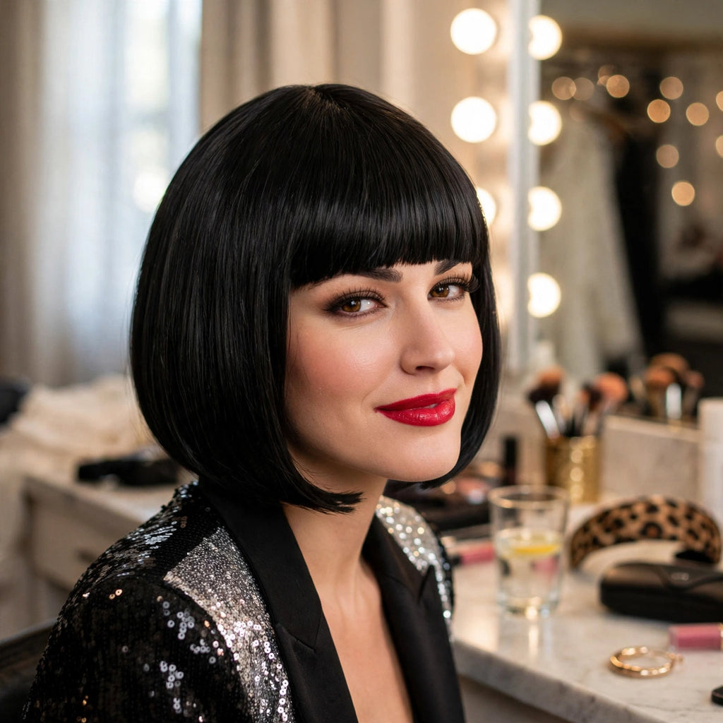 Diva Black Bob Wig displayed as part of a pop star fancy dress outfit