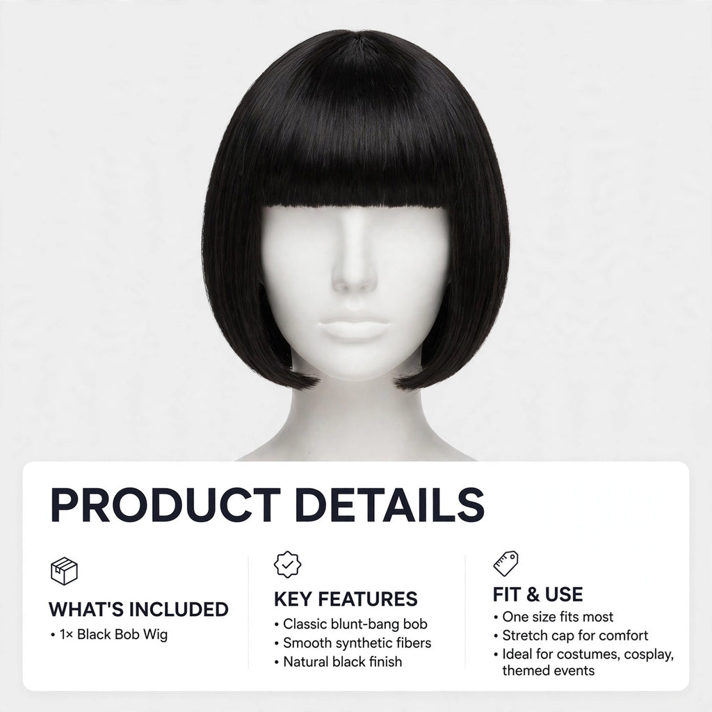 The Diva Black Bob Wig is designed for adults and teenagers aged 14+