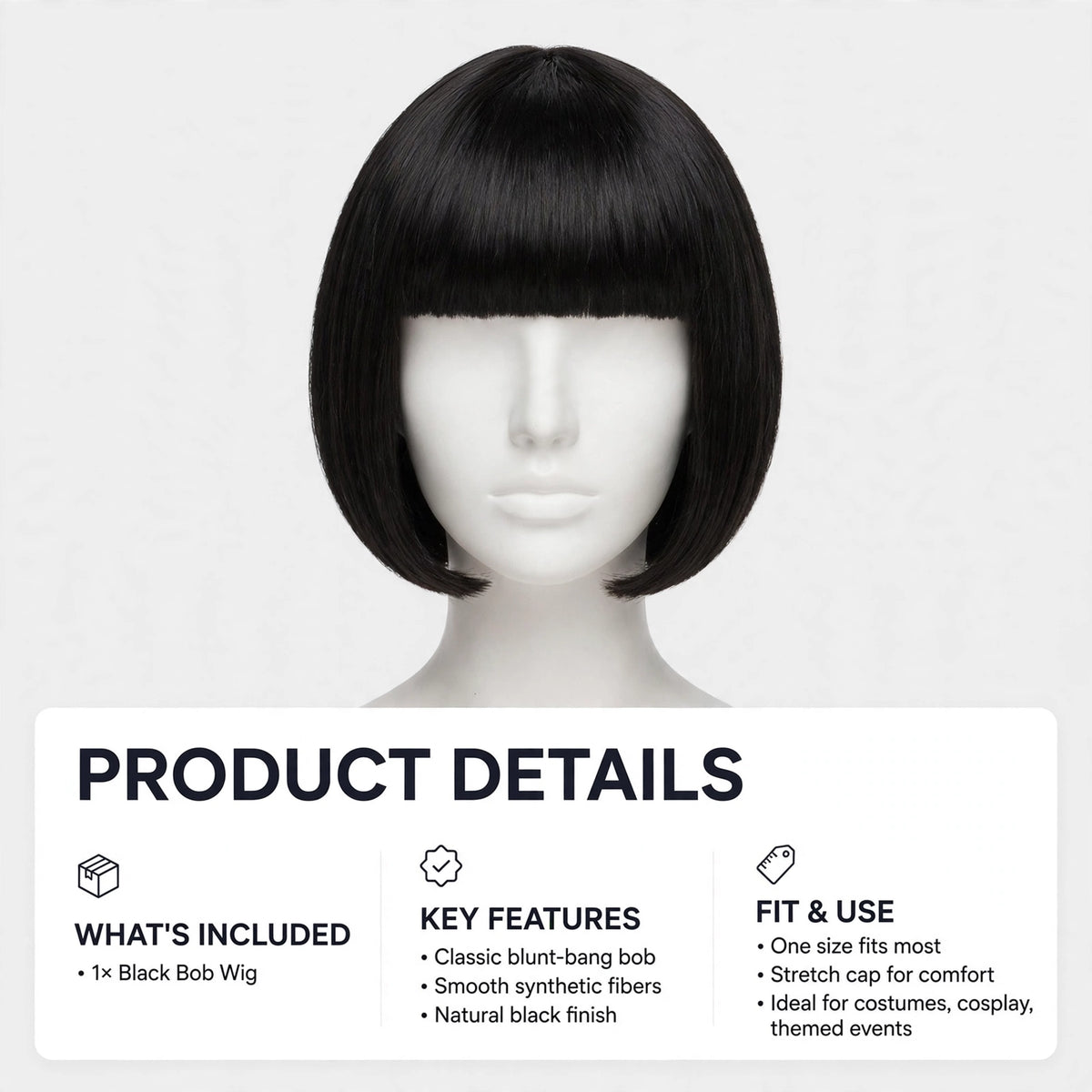 The Diva Black Bob Wig is designed for adults and teenagers aged 14+