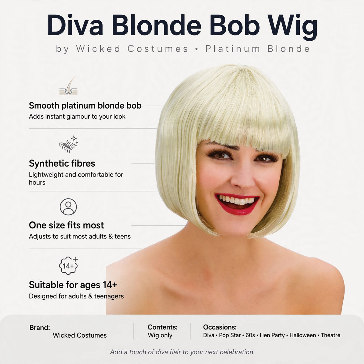 Features smooth platinum blonde bob, synthetic fibres, one size fits most for ages 14 and over