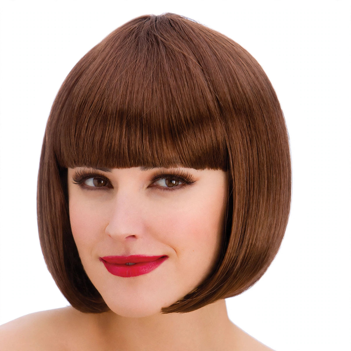 Close-up view of Diva Brown Bob Wig showing brown synthetic fibres and elasticated base