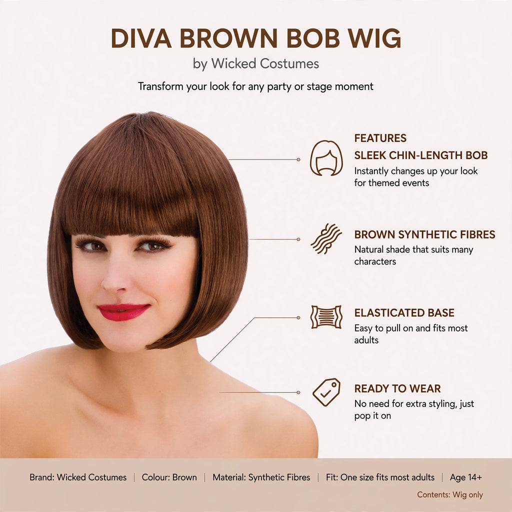 Features of Diva Brown Bob Wig including sleek chin-length bob, brown synthetic fibres, elasticated base, and ready to wear