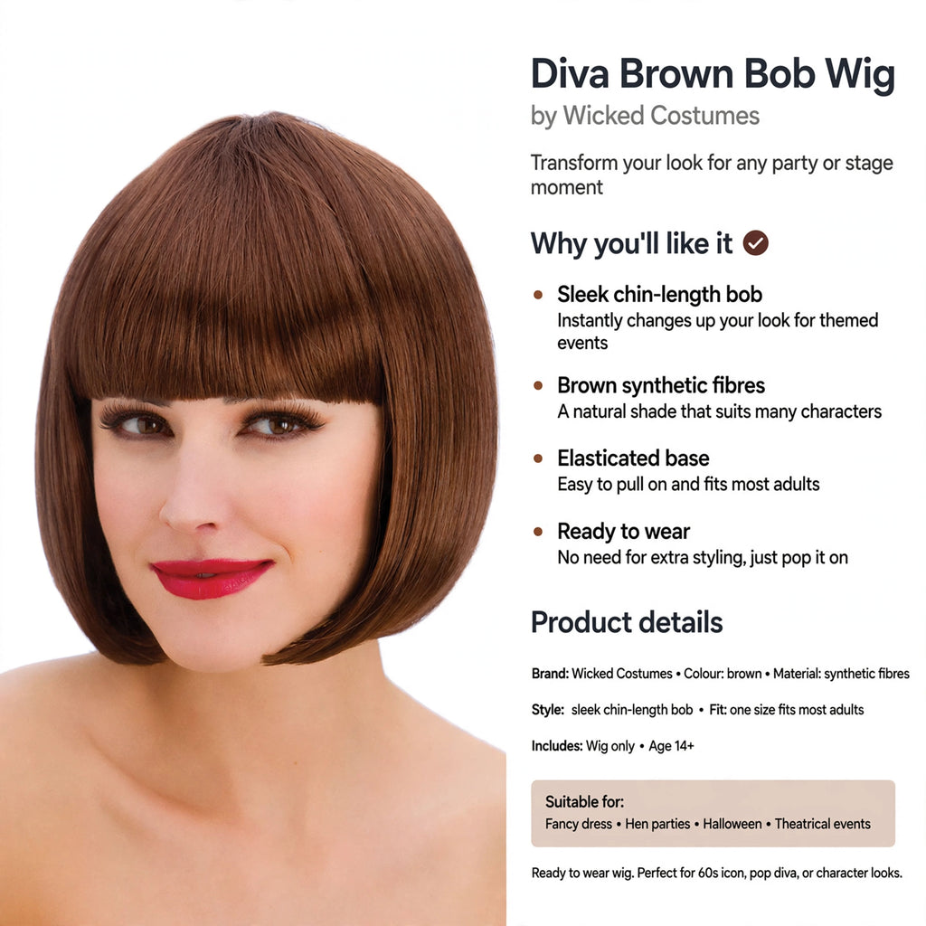 Diva Brown Bob Wig fits most adults with elasticated base and requires no styling