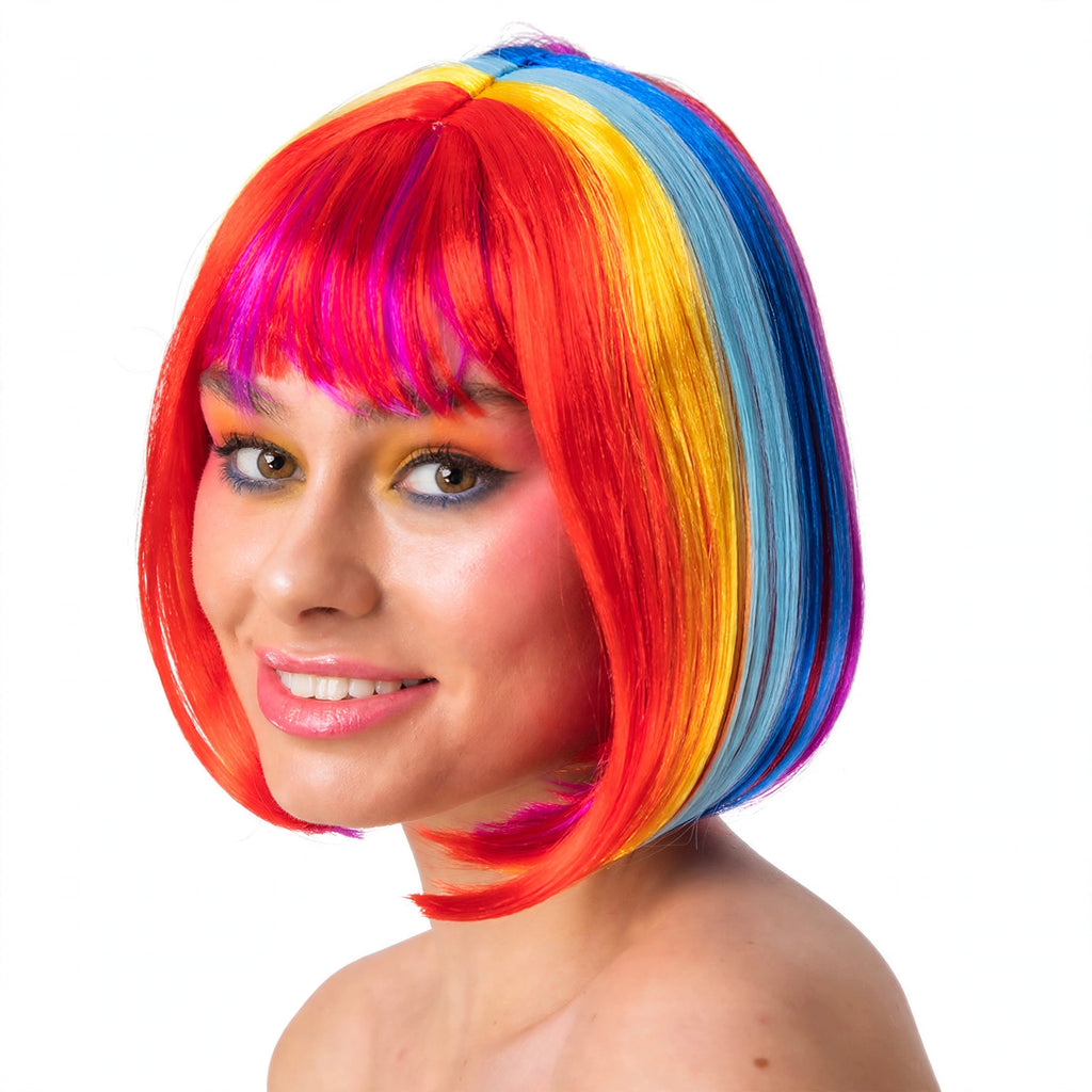Close-up view of Diva Multi Colour Bob Wig highlighting rainbow sections and elasticated base