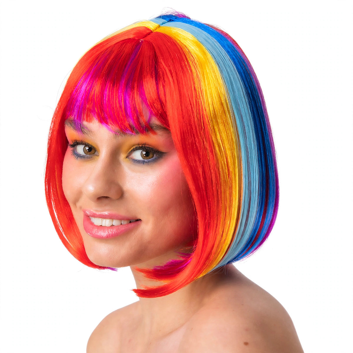 Close-up view of Diva Multi Colour Bob Wig highlighting rainbow sections and elasticated base