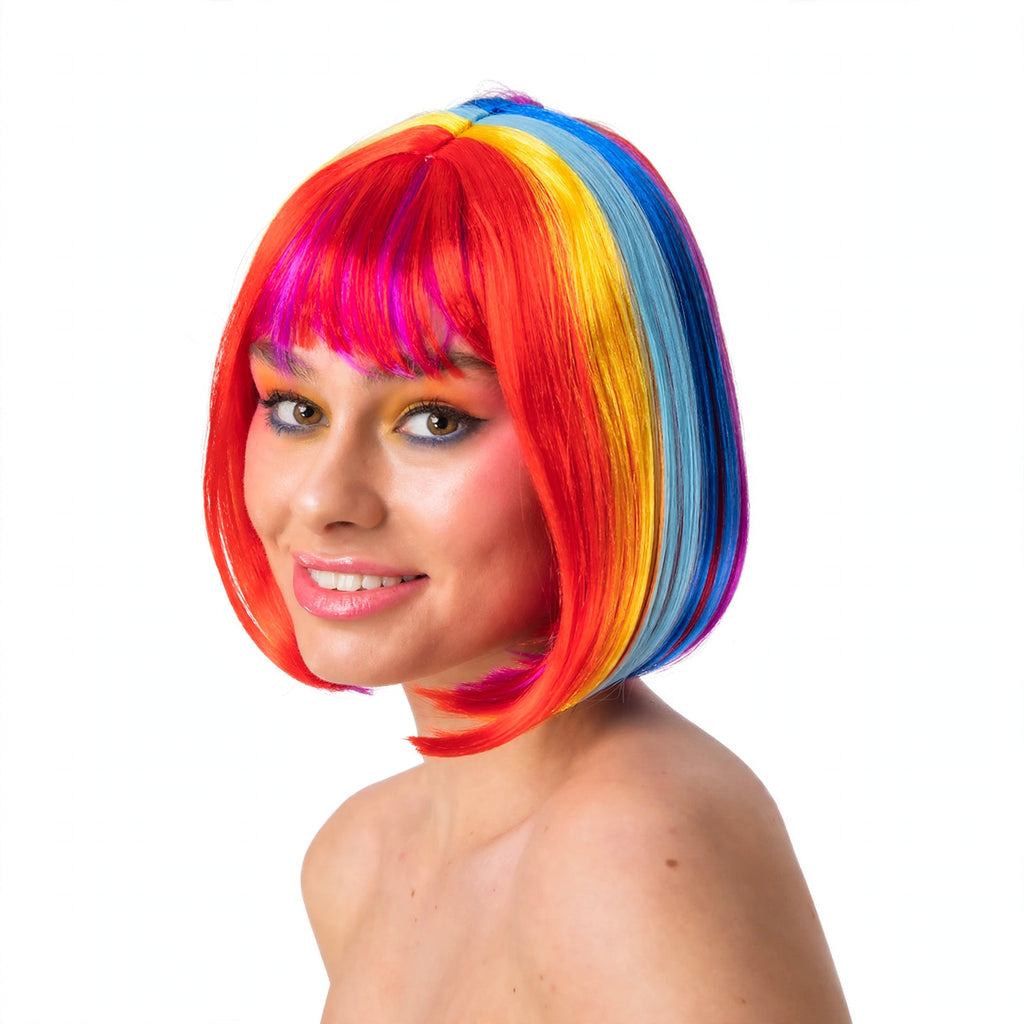 Diva Multi Colour Bob Wig with chin-length bob and rainbow sections in pink, orange, yellow, and blue