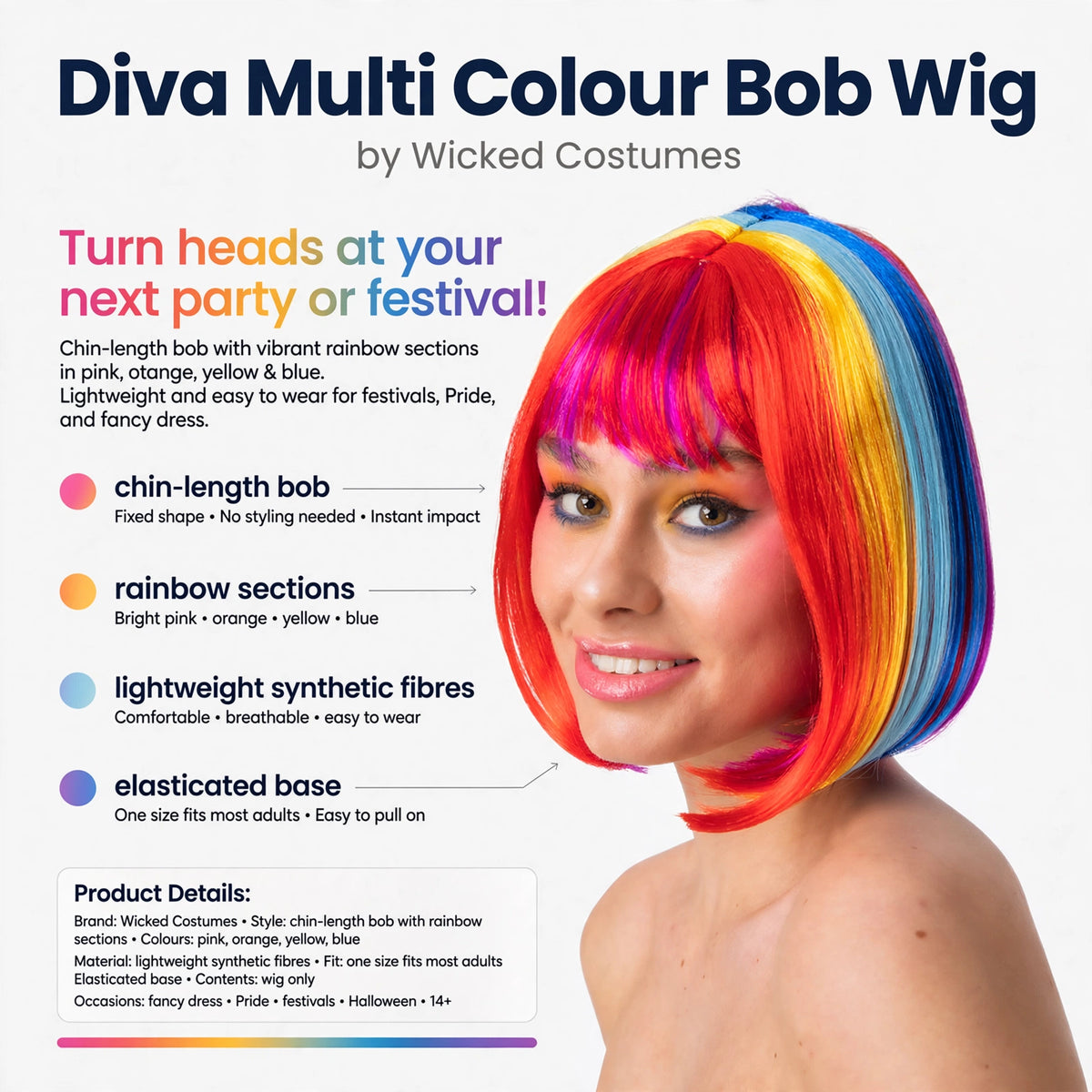 Infographic showing features of Diva Multi Colour Bob Wig including chin-length bob, rainbow colours, lightweight synthetic fibres, and elasticated base