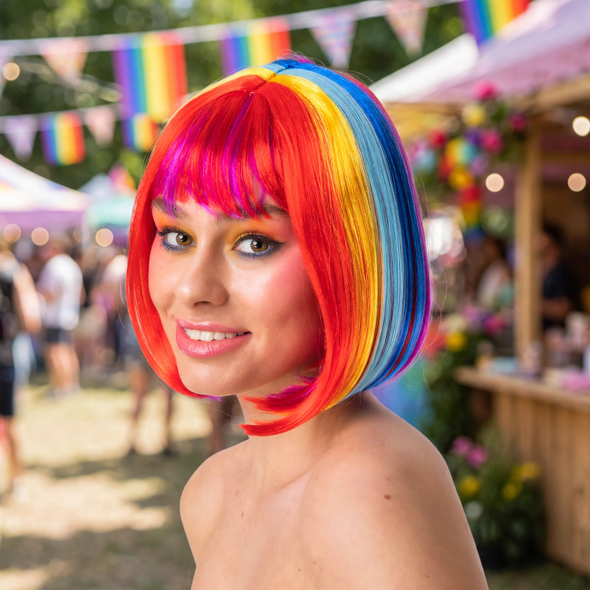 Diva Multi Colour Bob Wig worn for fancy dress, Pride, festivals, Halloween, or pop star and diva costumes