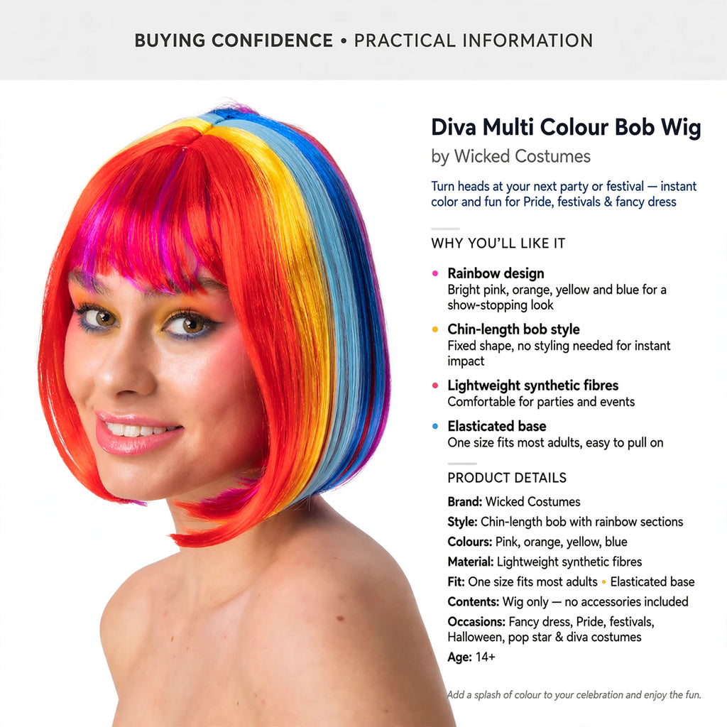 Information about Diva Multi Colour Bob Wig including one size fits most adults and lightweight synthetic fibres