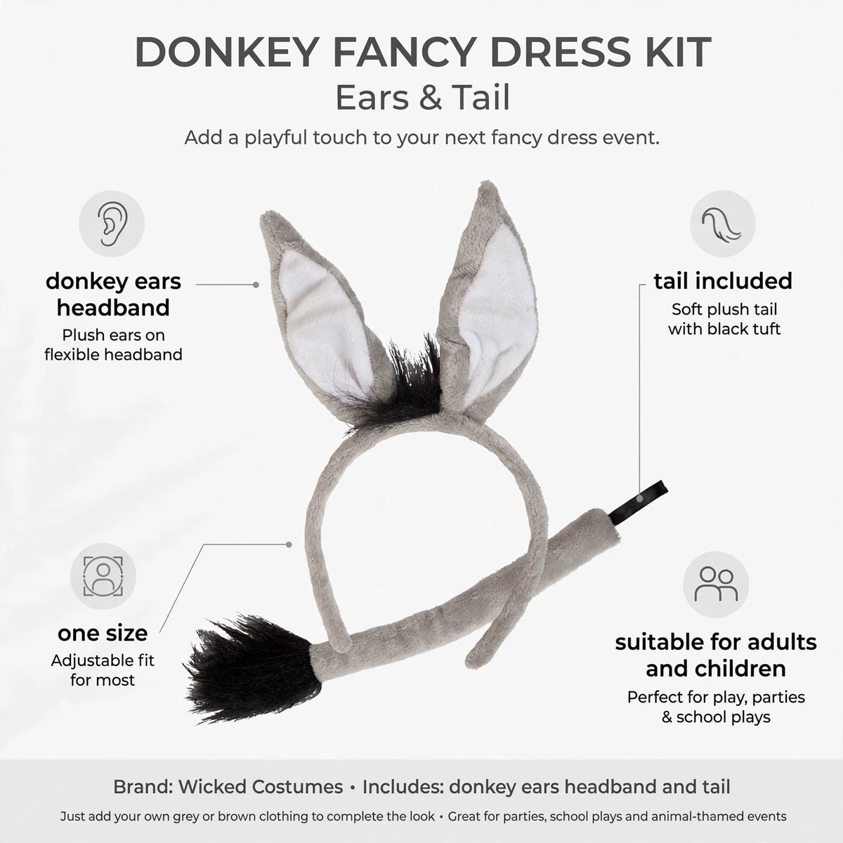 Donkey ears headband and tail included in the fancy dress kit