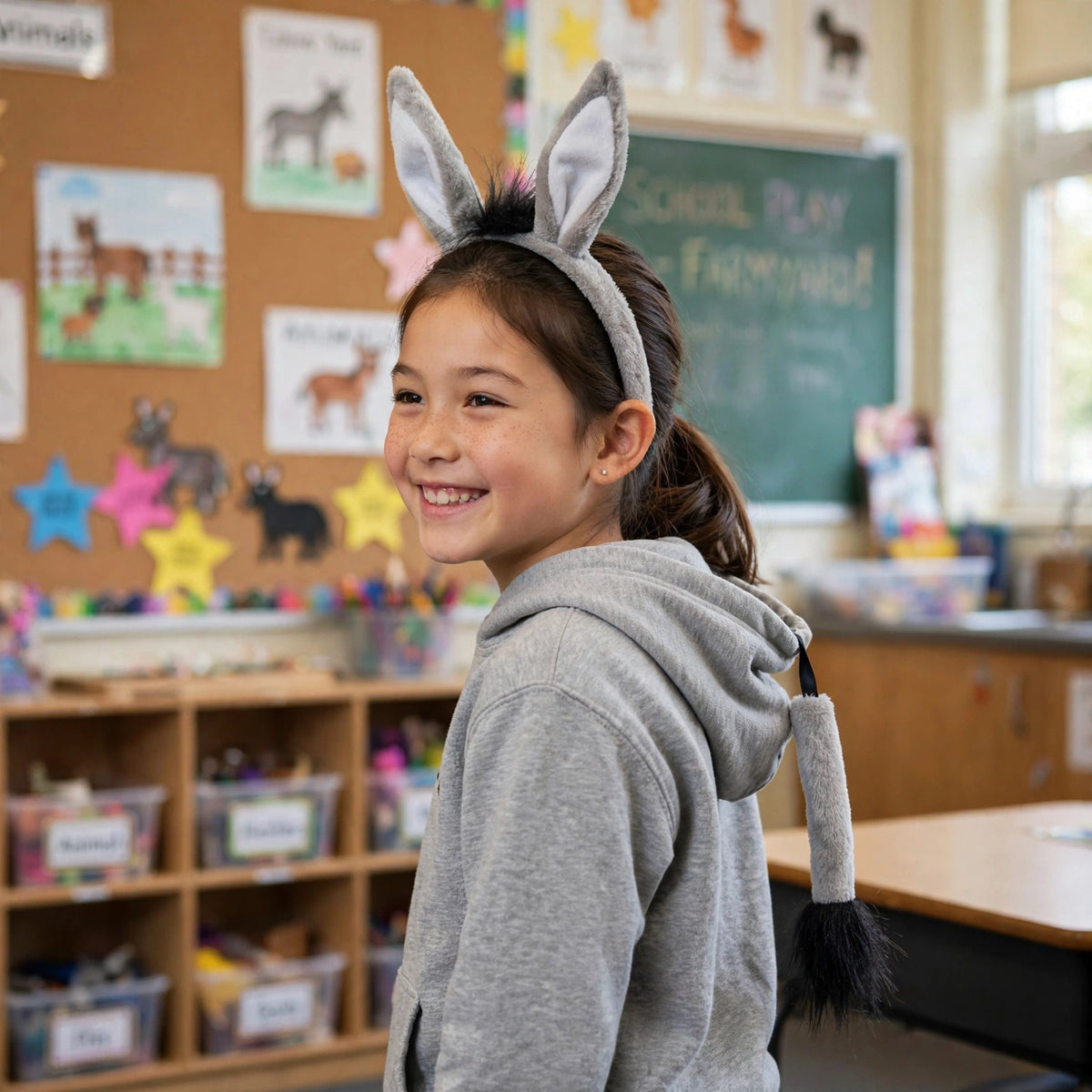 Person wearing donkey ears headband and tail for a fancy dress event