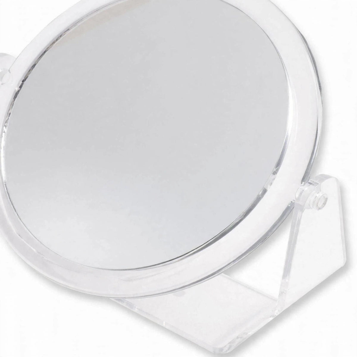 Close-up of Lisseau double sided mirror highlighting clear acrylic frame and rotating stand