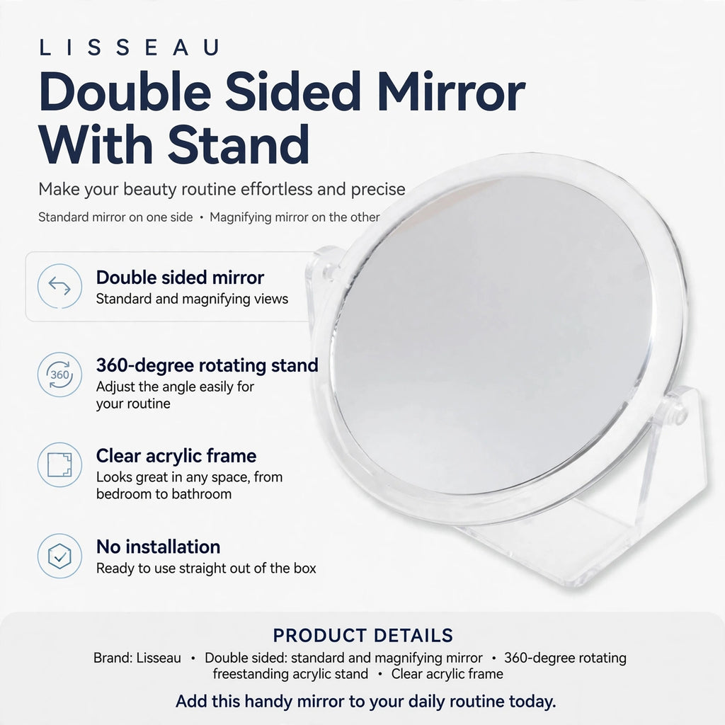 Infographic showing double sided mirror with standard and magnifying views and 360-degree rotating stand