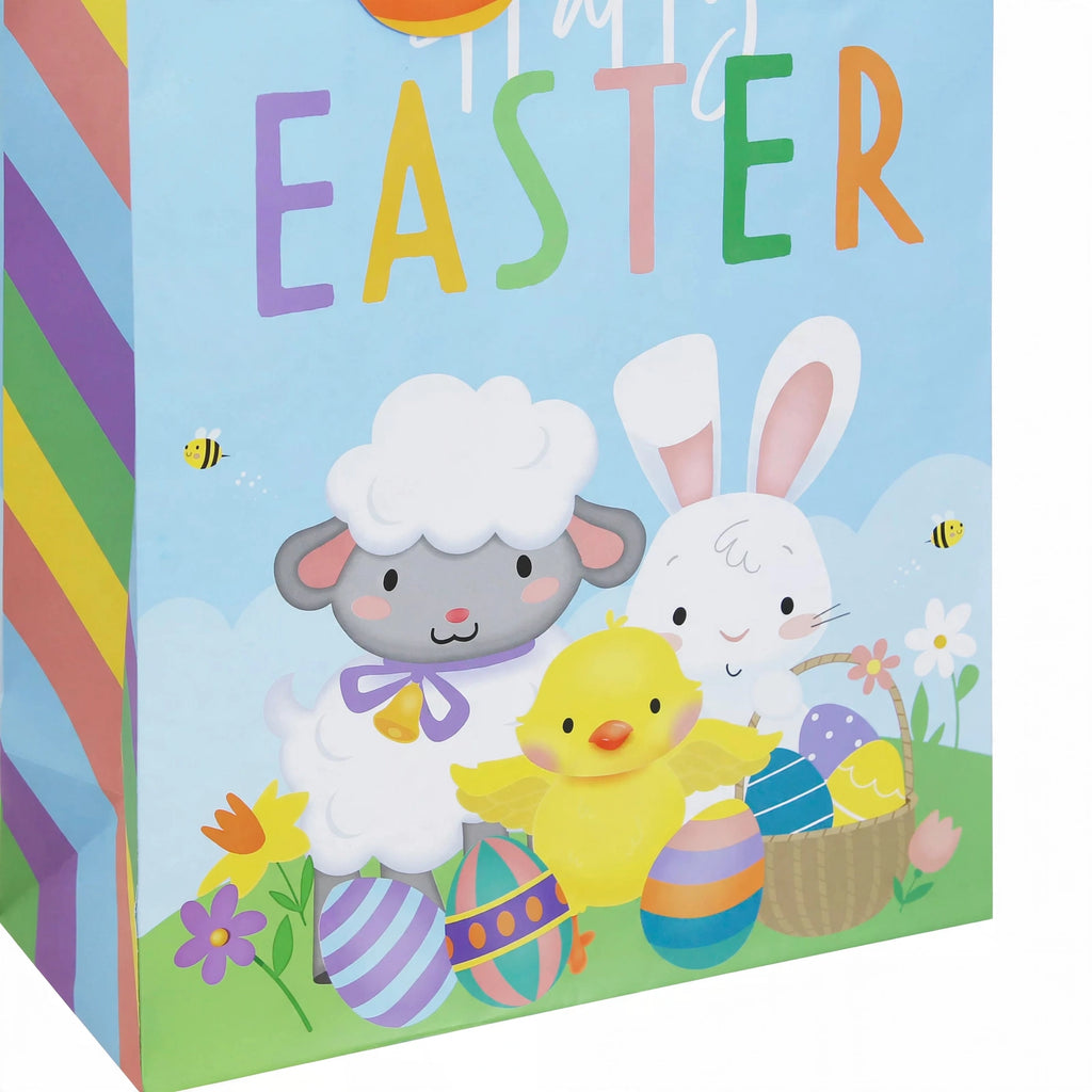 Close-up of multi-coloured bunny print and ribbon carry handle on Easter Bunny Gift Bag