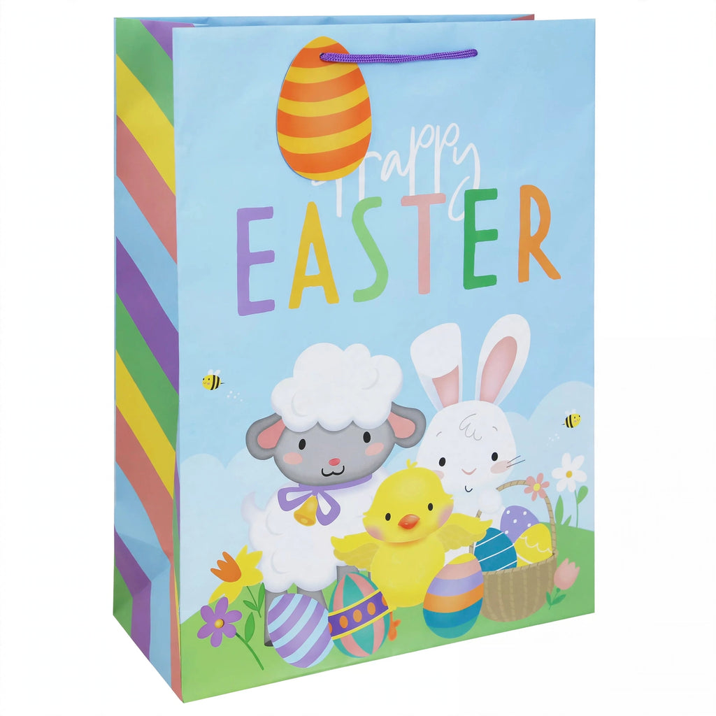 Extra-large Easter Bunny Gift Bag with multi-coloured bunny print and ribbon carry handle