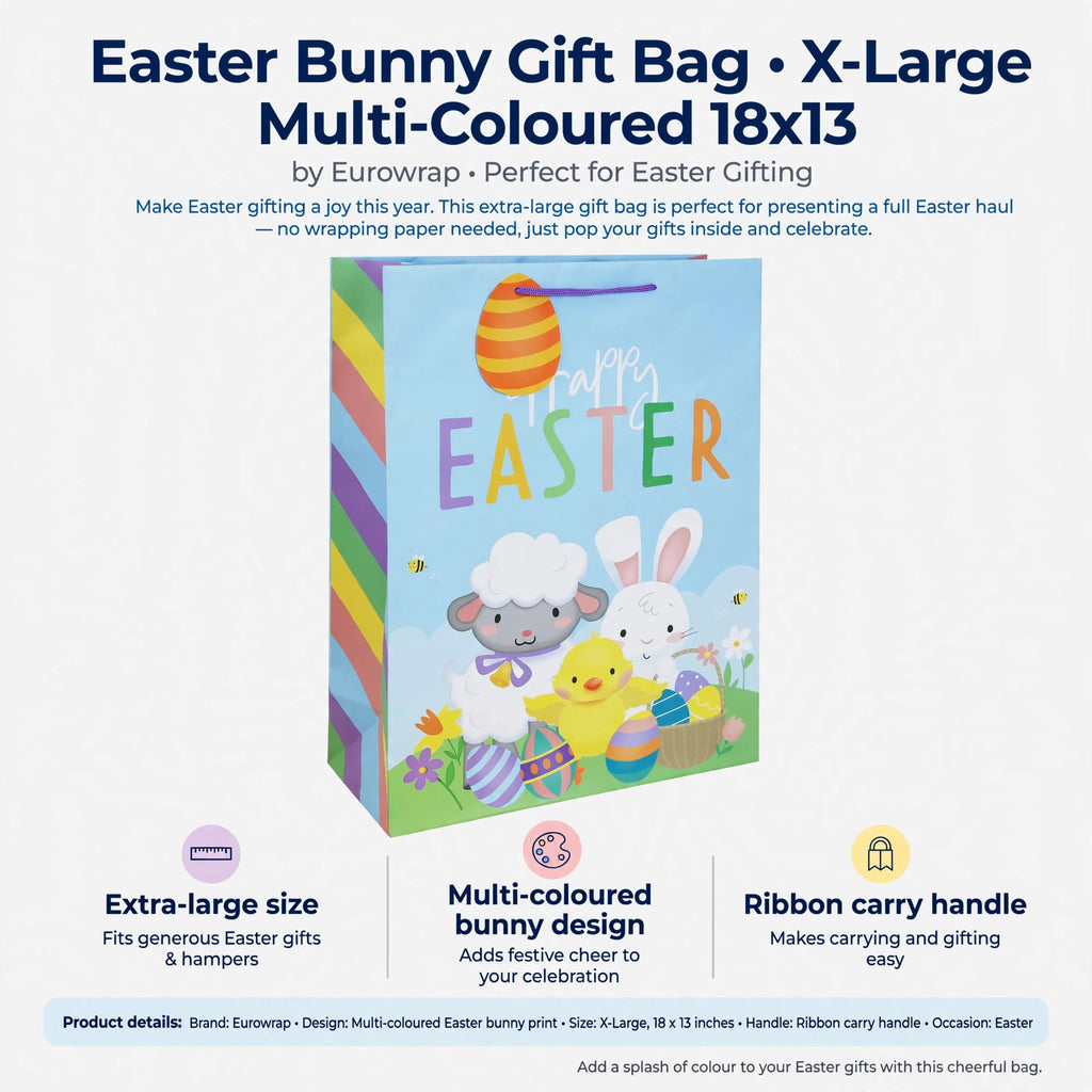 Infographic showing extra-large size, multi-coloured bunny design, and ribbon carry handle features