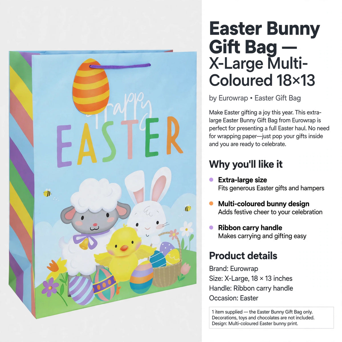 Easter Bunny Gift Bag sized 18 by 13 inches with ribbon handle for carrying