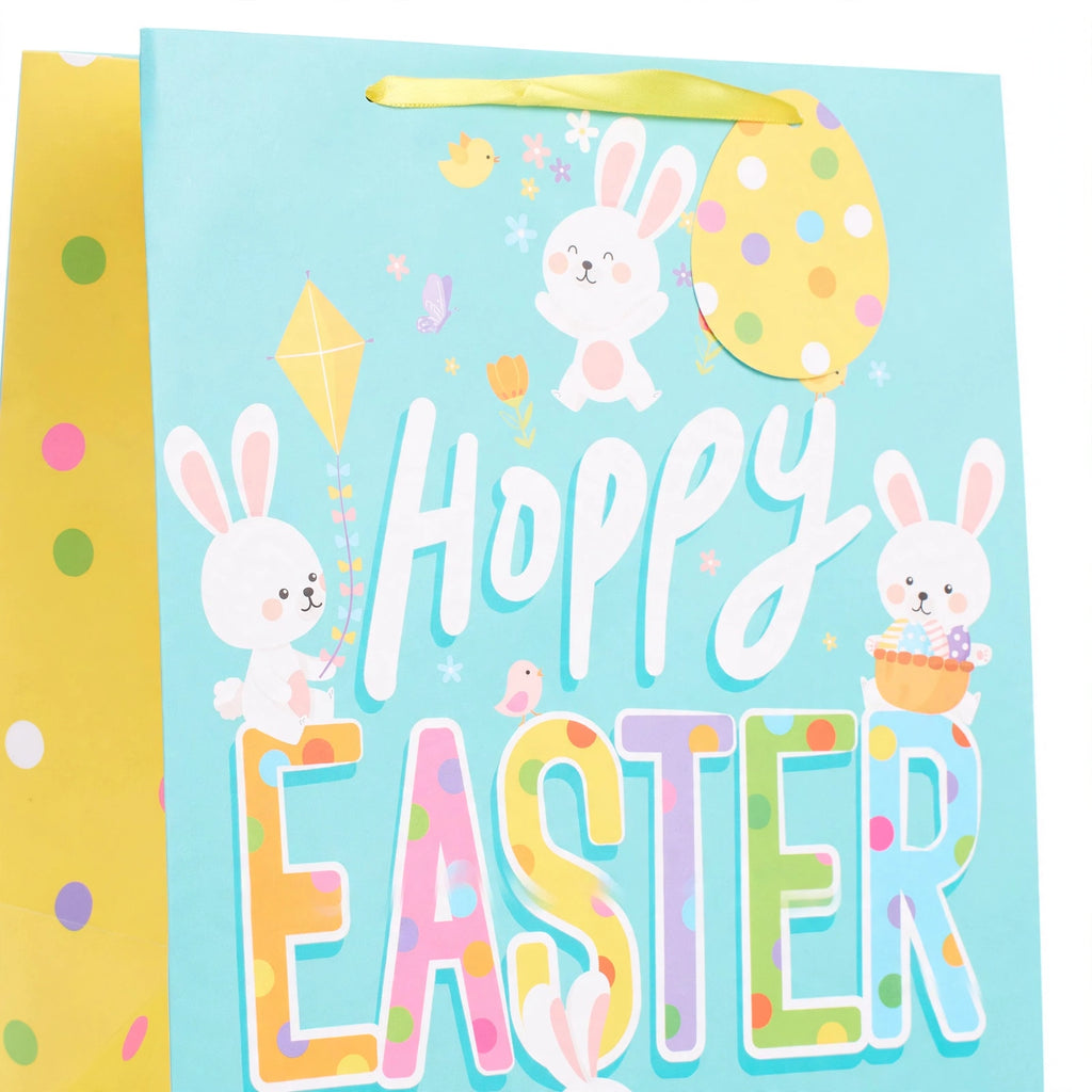 Close-up of multi-coloured Easter bunny design on medium Easter gift bag