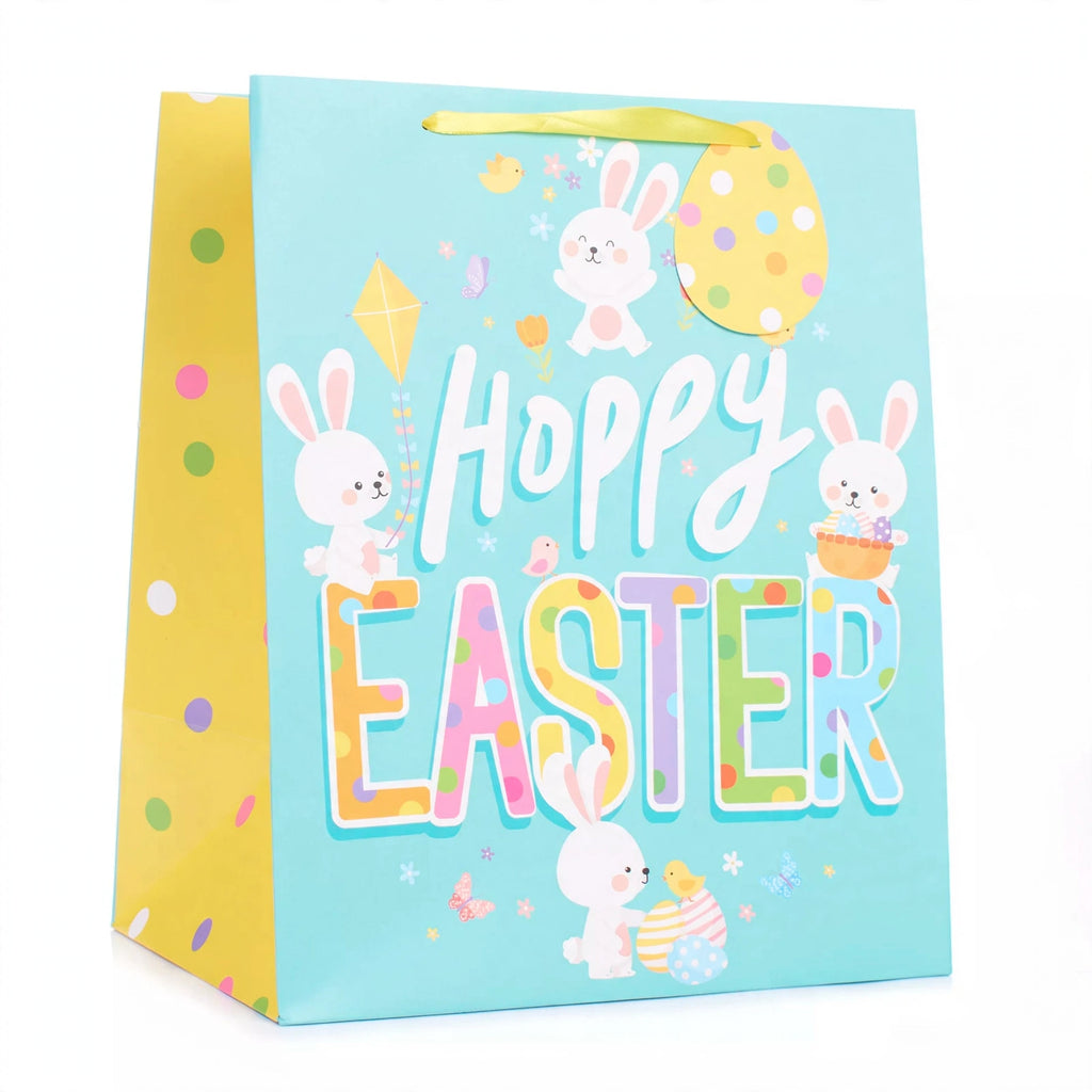 Medium Easter gift bag with multi-coloured Easter bunny design and ribbon carry handle