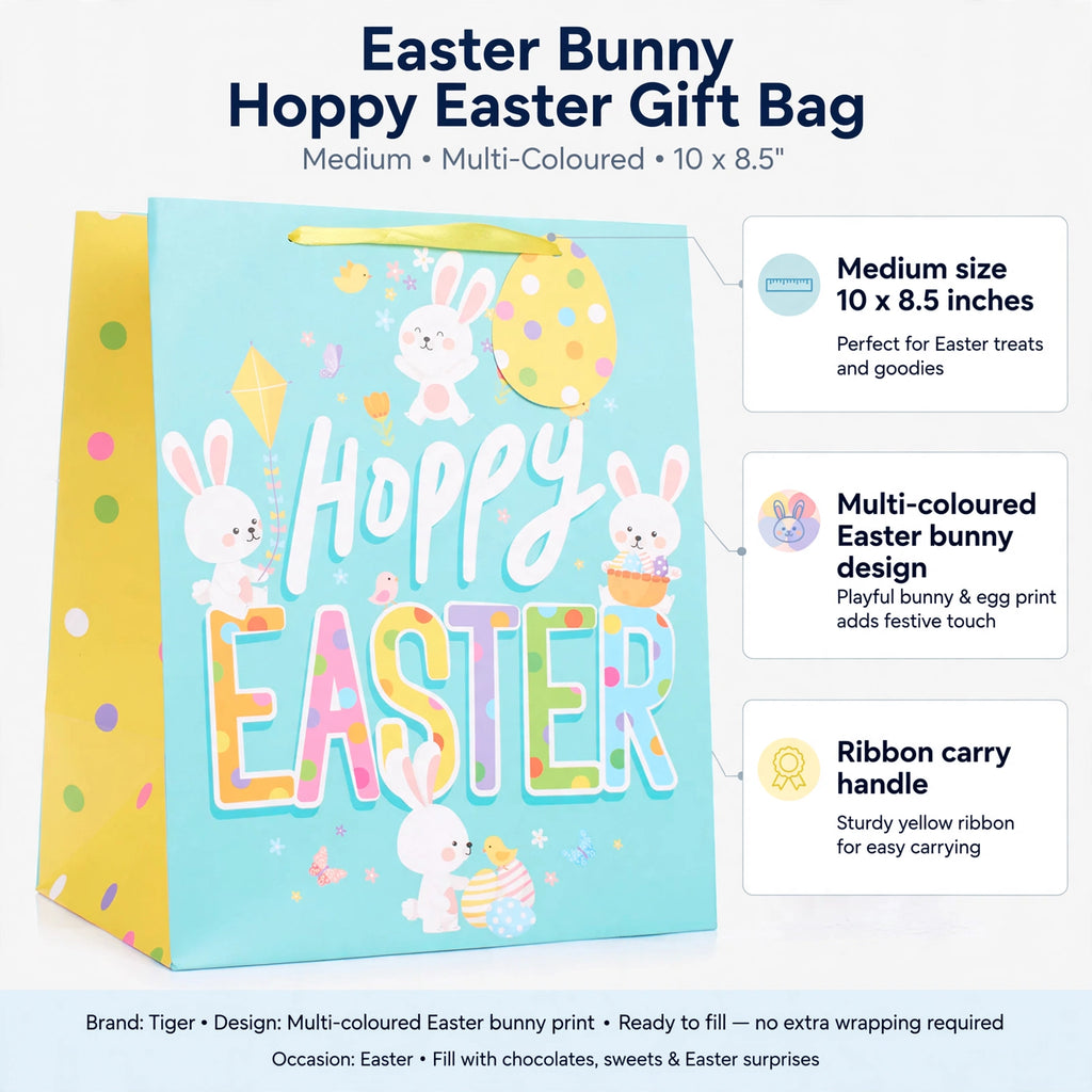 Infographic showing medium size 10 x 8.5 inches, multi-coloured Easter bunny design, and ribbon carry handle
