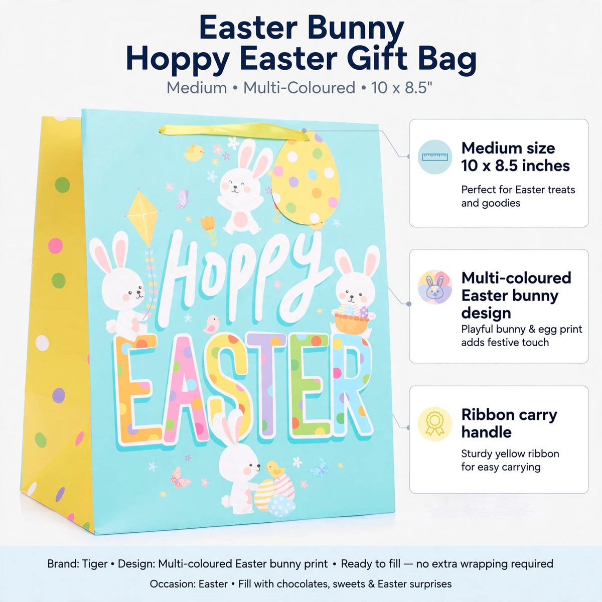 Infographic showing medium size 10 x 8.5 inches, multi-coloured Easter bunny design, and ribbon carry handle