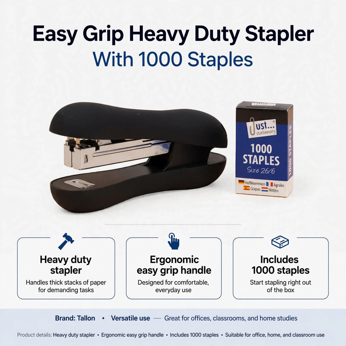 Infographic showing heavy duty stapler features including ergonomic handle and 1000 staples included