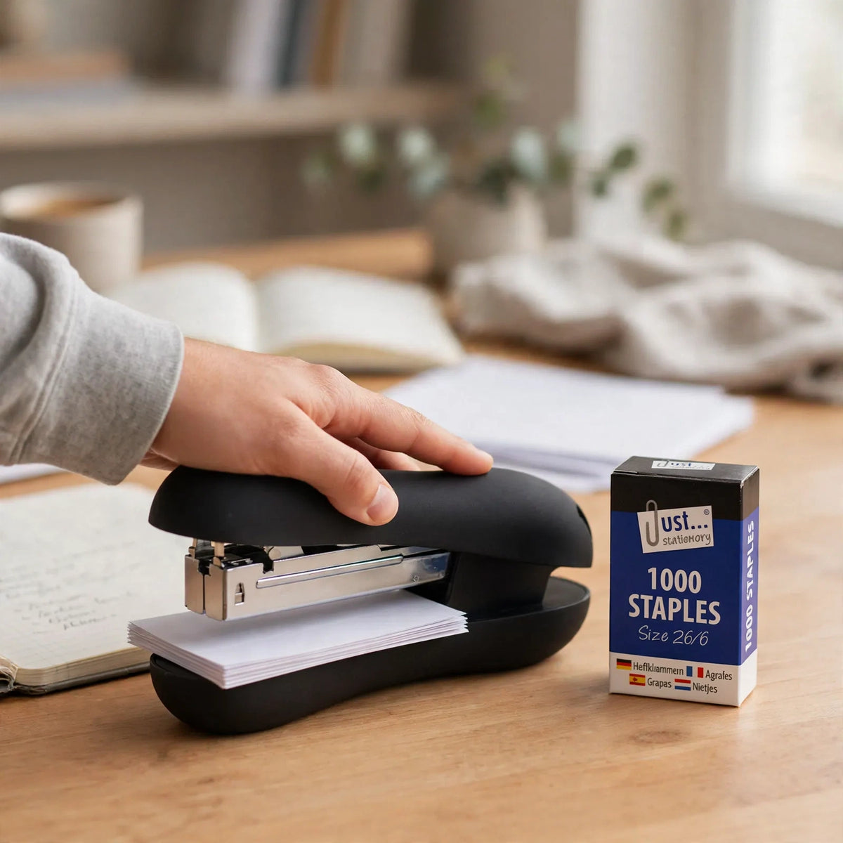 Stapler placed on a desk in an office, home study, or classroom setting