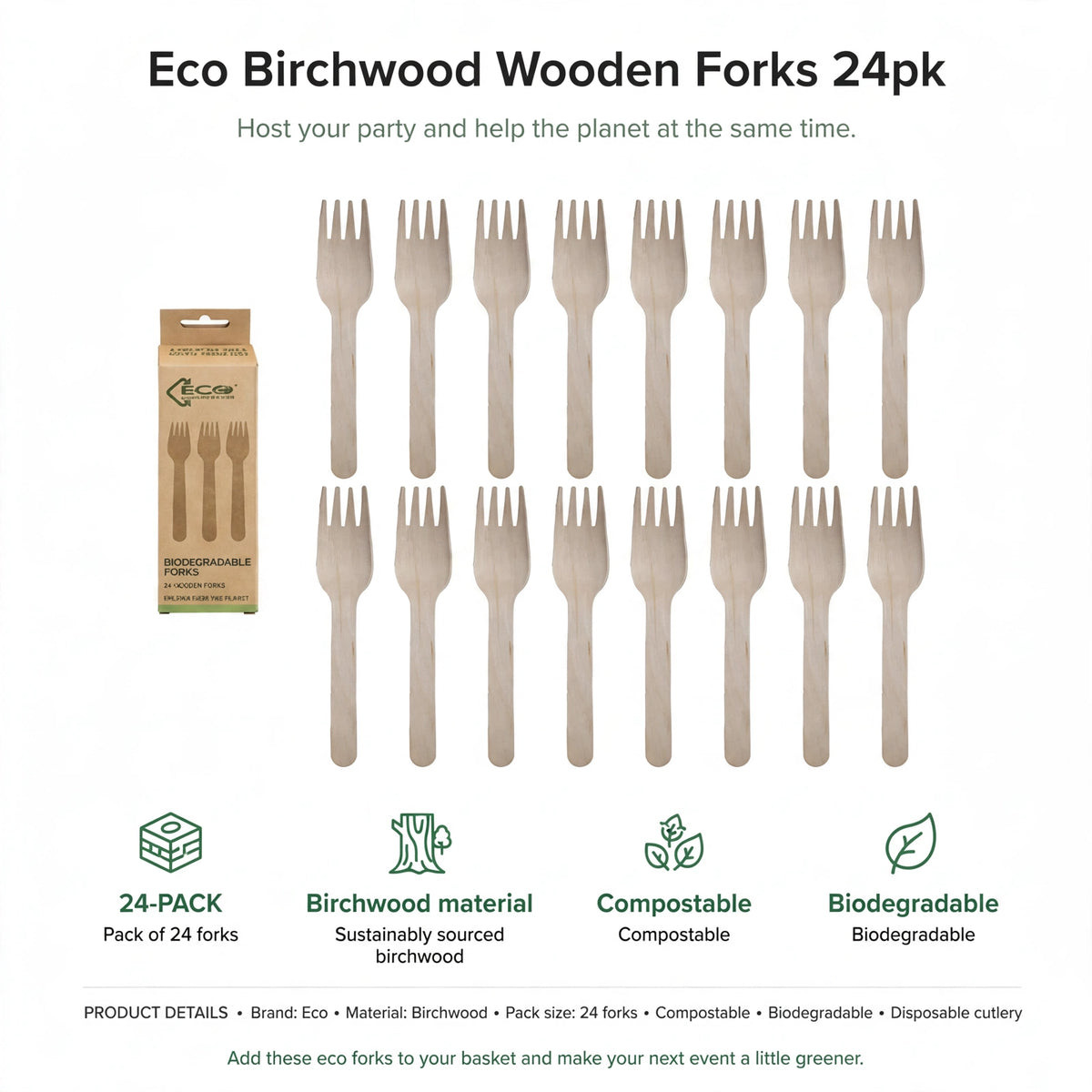 infographic showing 24-pack, birchwood material, compostable and biodegradable features