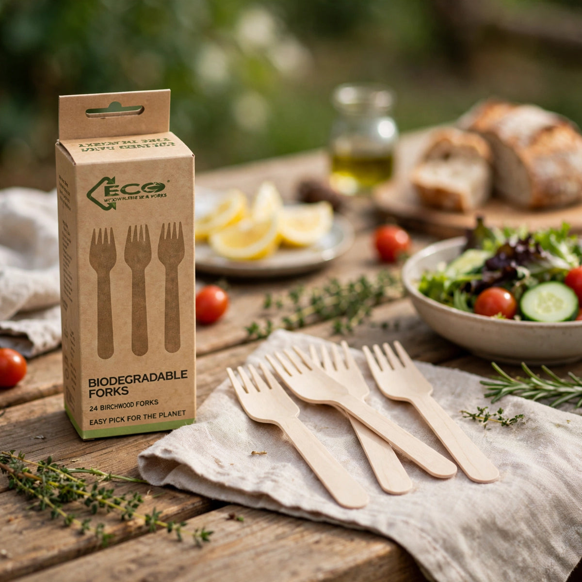 Eco Birchwood Wooden Forks used at a party or picnic setting