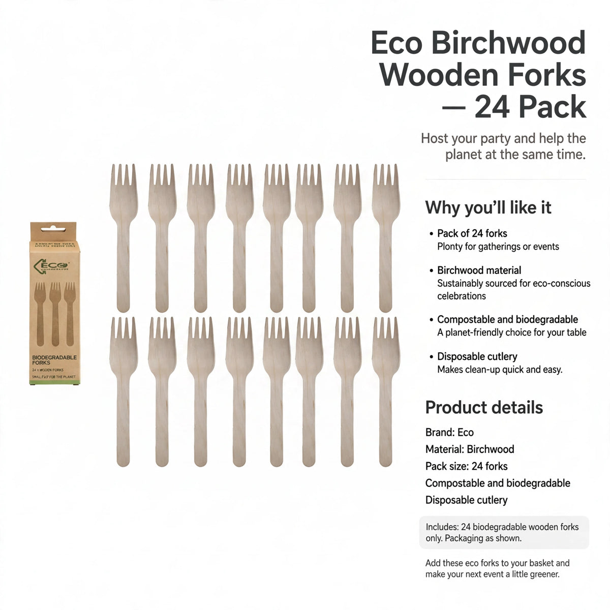 Eco Birchwood Wooden Forks are compostable, biodegradable, and disposable cutlery