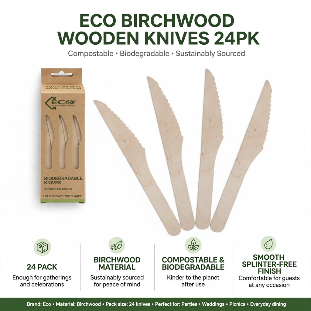 Infographic showing 24 pack, birchwood material, compostable and biodegradable, smooth splinter-free finish