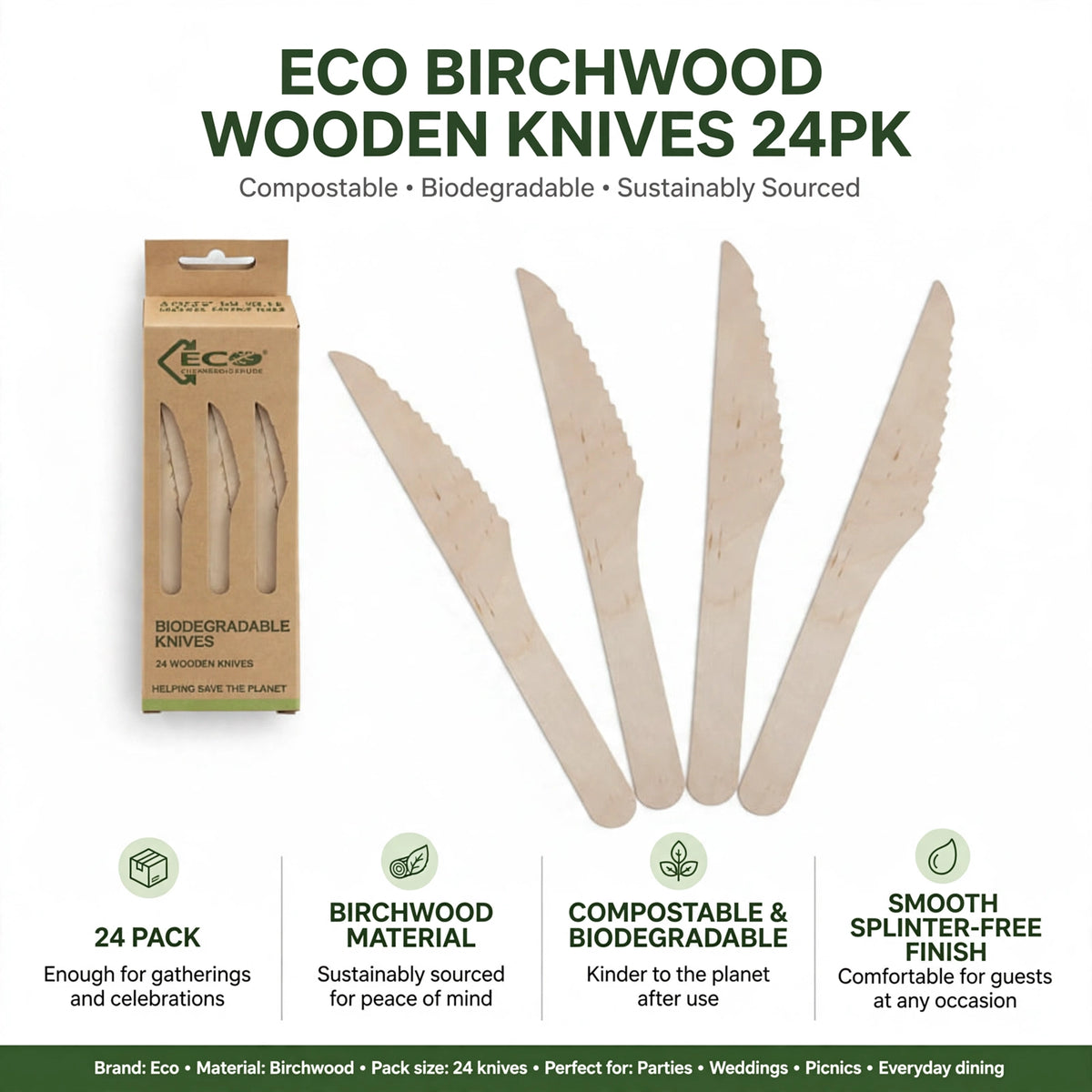 Infographic showing 24 pack, birchwood material, compostable and biodegradable, smooth splinter-free finish