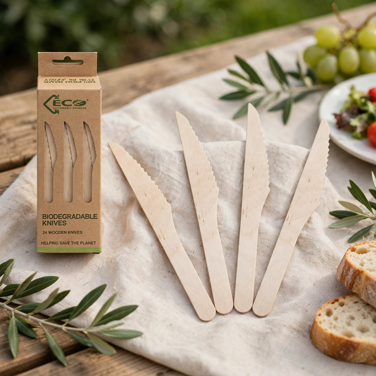 Eco Birchwood Wooden Knives displayed for use at a party or picnic setting