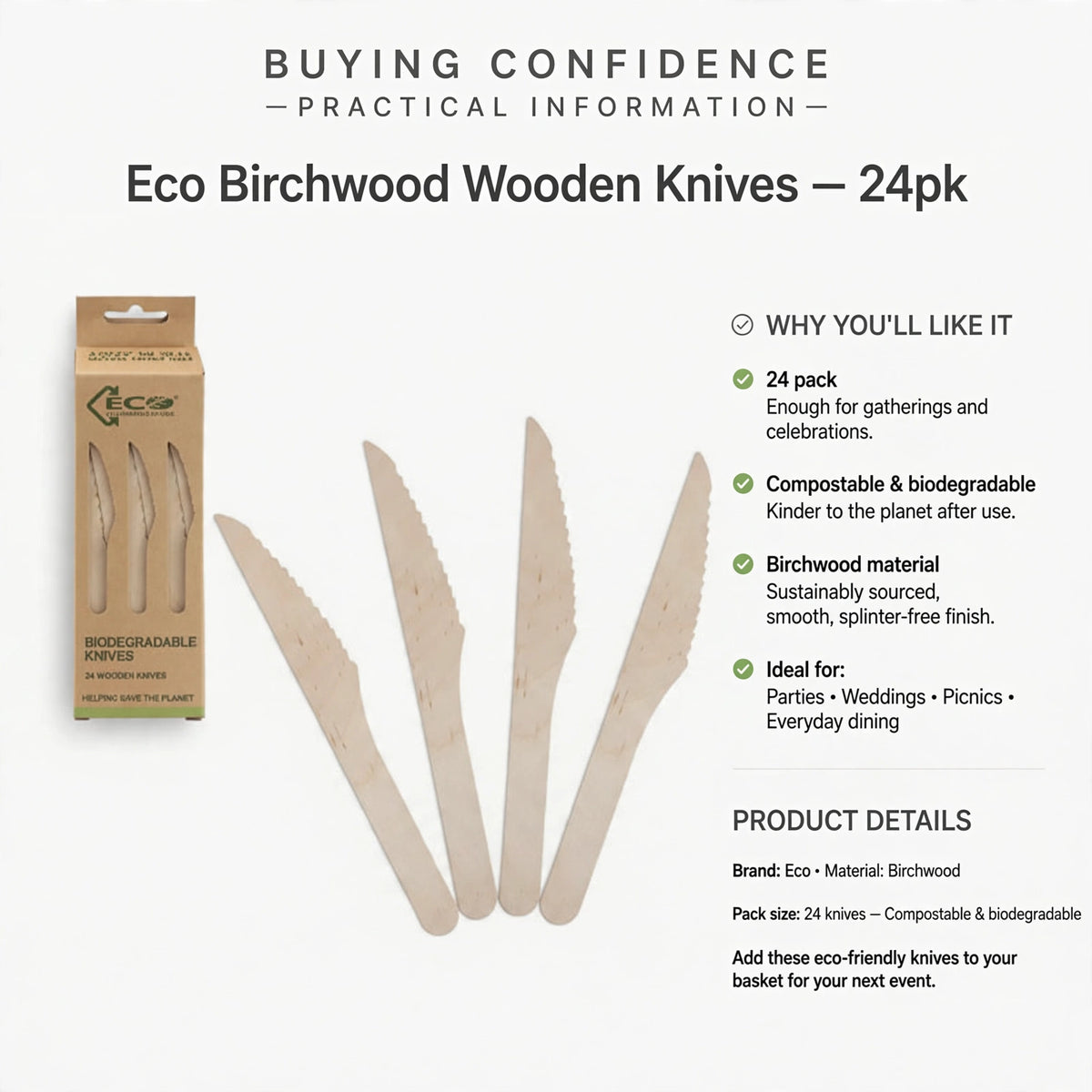 Packaging details showing 24 knives made from compostable and biodegradable birchwood