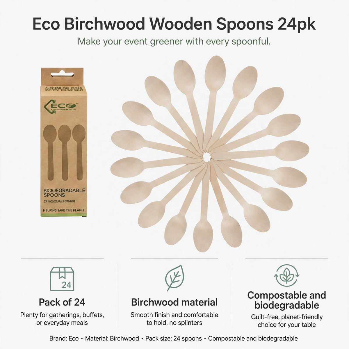 Infographic showing pack of 24 wooden spoons made from compostable birchwood
