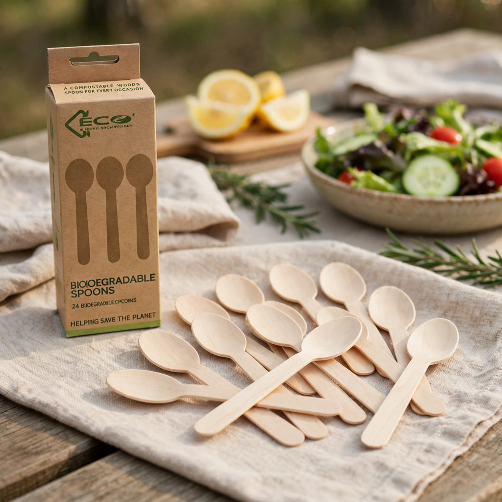 Eco Birchwood Wooden Spoons used at a picnic or buffet setting