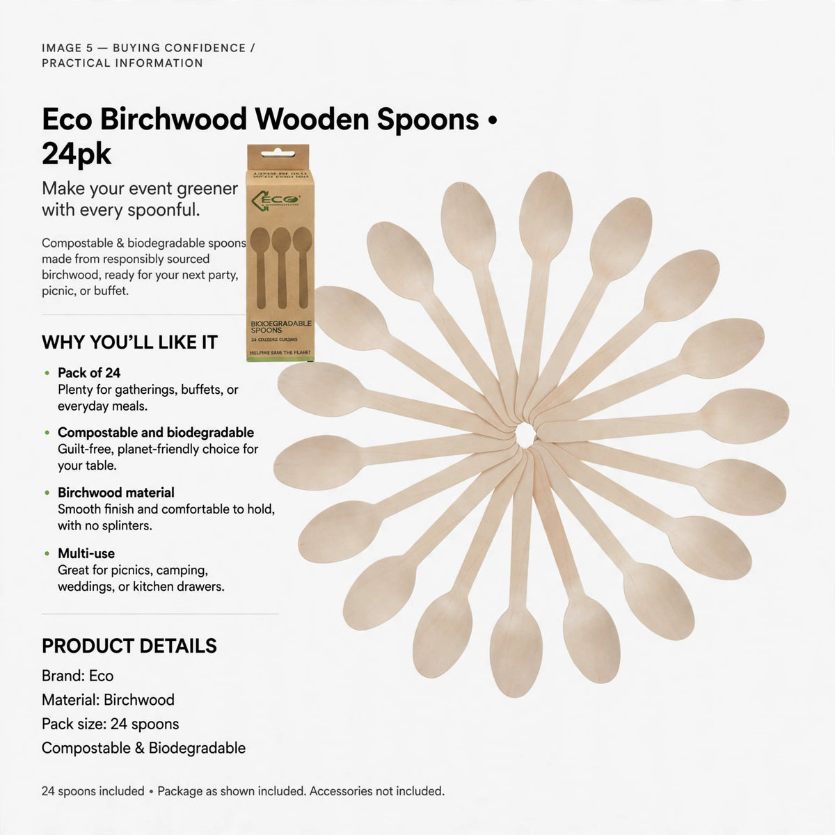 Pack of 24 compostable and biodegradable birchwood spoons for gatherings