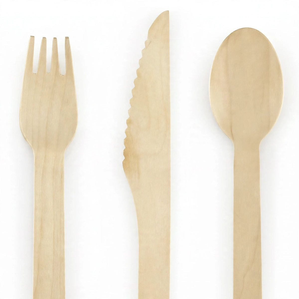 Close-up view of Eco Wooden Cutlery showing knives spoons and forks made from birchwood